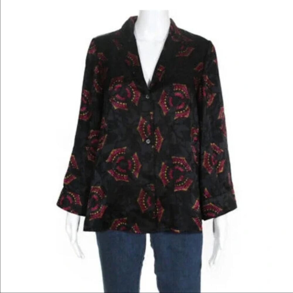 A.L.C. York Button Down 100% Silk Shirt Shawl Collar Tropical Print Black 2 S